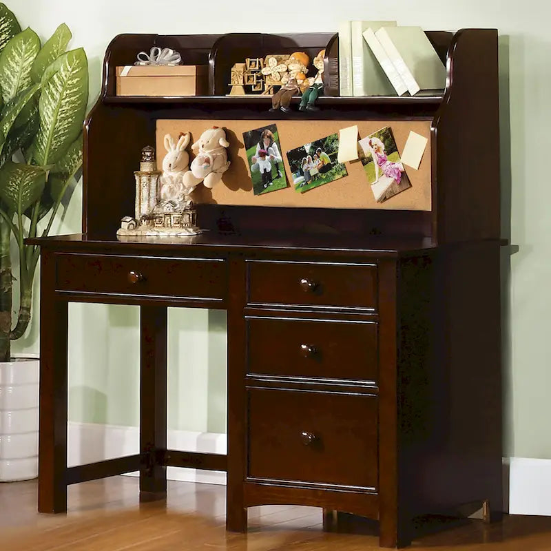 Bureau informatique de 122 cm en bois massif, 4 tiroirs, style transitionnel