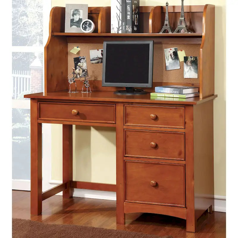 Bureau informatique de 122 cm en bois massif, 4 tiroirs, style transitionnel