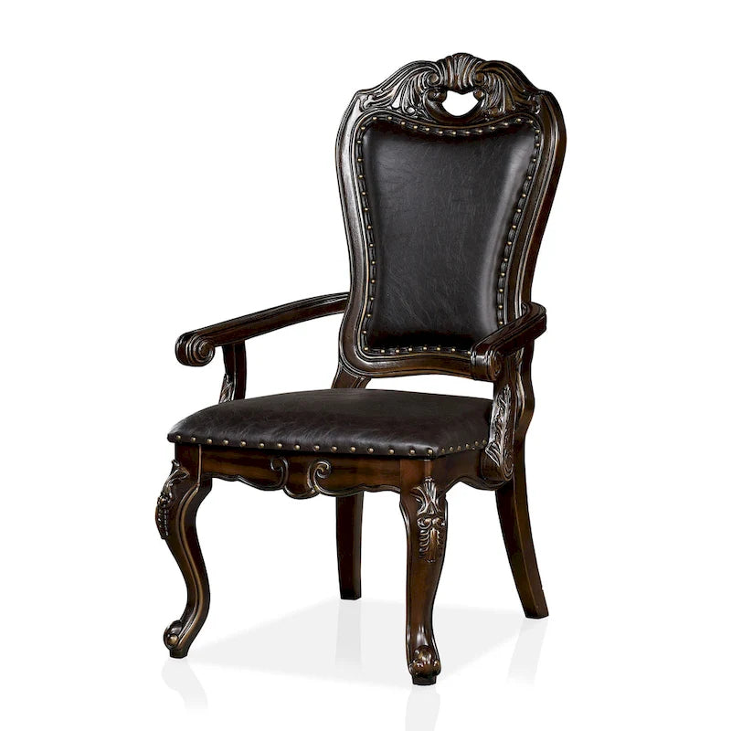Fauteuil traditionnel en noyer massif avec garniture cloutée et pieds cabriolets