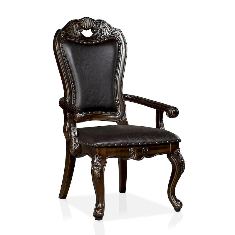 Fauteuil traditionnel en noyer massif avec garniture cloutée et pieds cabriolets