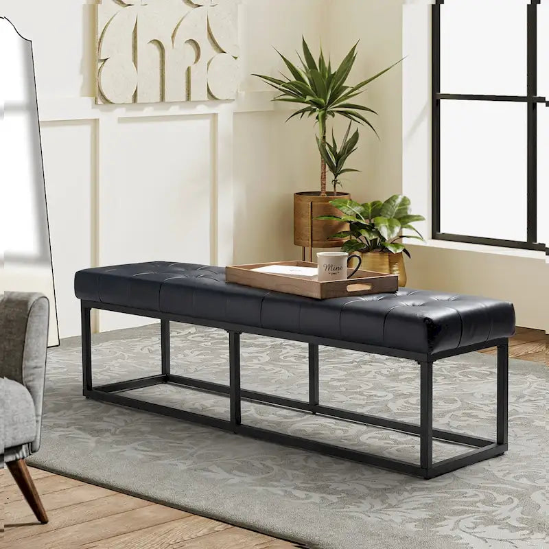 Banc de chambre à coucher classique capitonné en cuir véritable avec base en métal