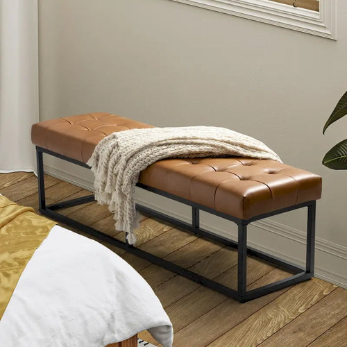 Banc de chambre à coucher classique capitonné en cuir véritable avec base en métal