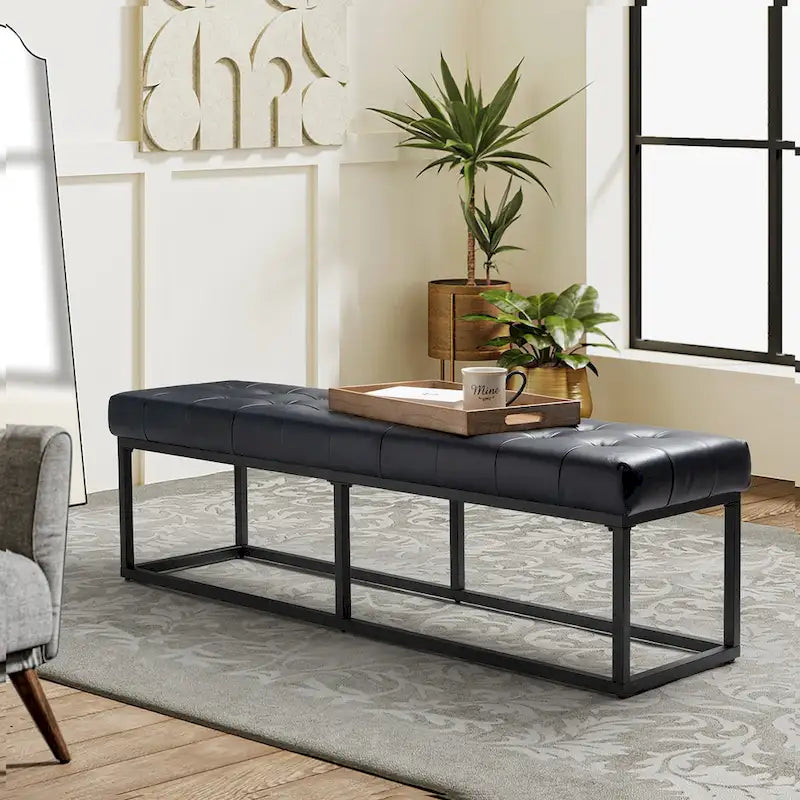 Banc de chambre à coucher classique capitonné en cuir véritable avec base en métal