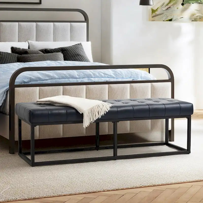 Banc de chambre à coucher classique capitonné en cuir véritable avec base en métal