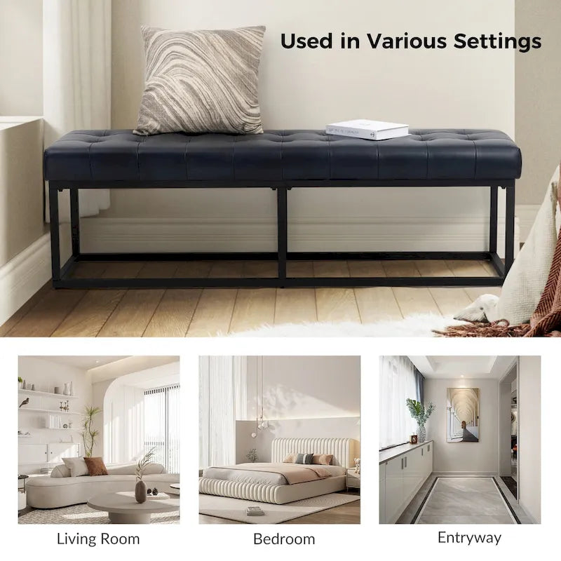 Banc de chambre à coucher classique capitonné en cuir véritable avec base en métal