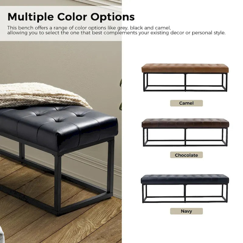 Banc de chambre à coucher classique capitonné en cuir véritable avec base en métal