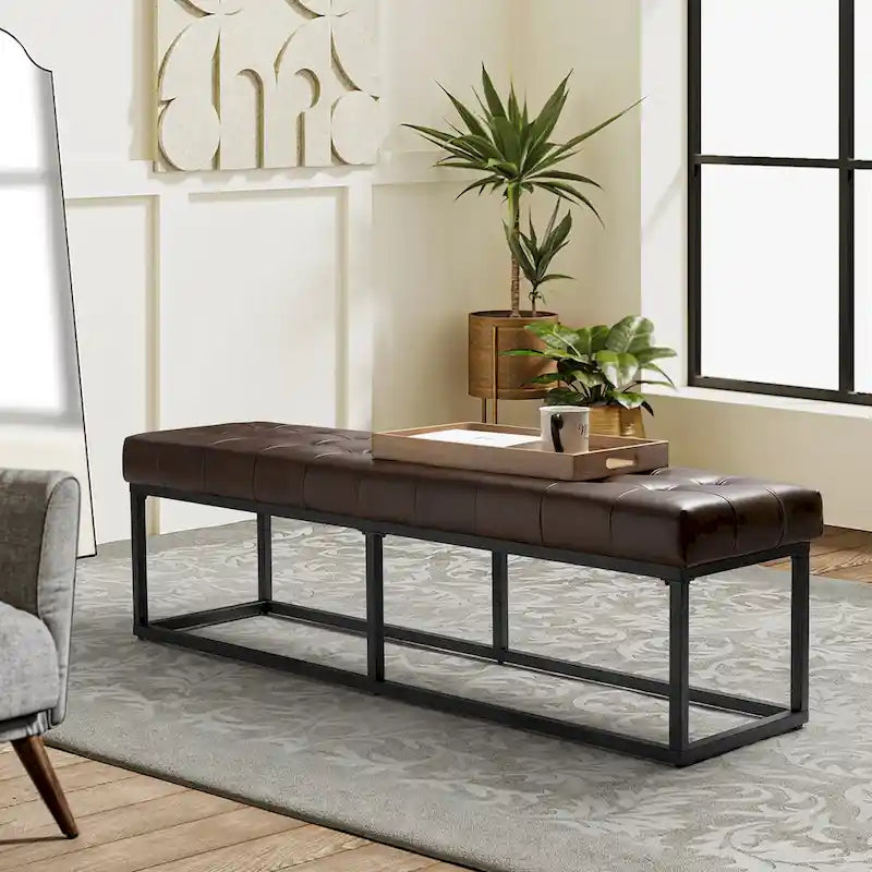 Banc de chambre à coucher classique capitonné en cuir véritable avec base en métal
