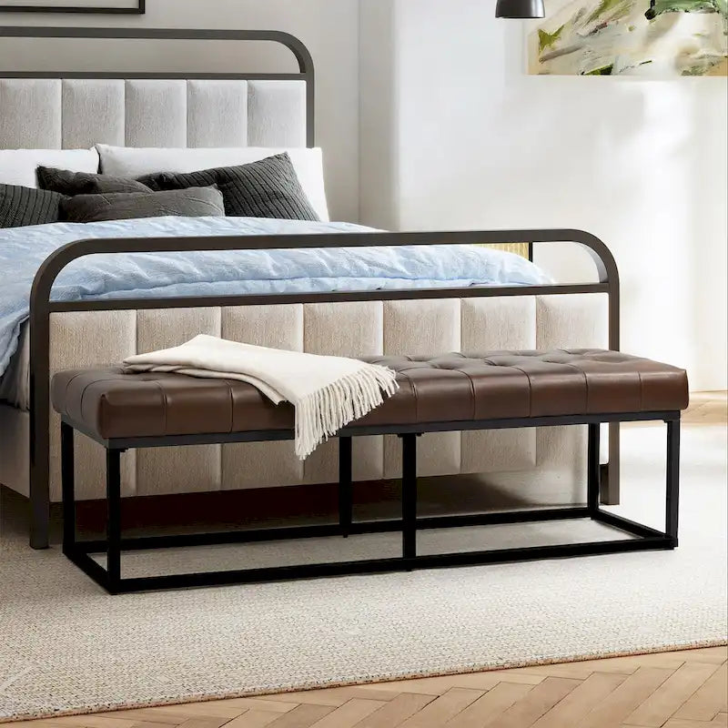 Banc de chambre à coucher classique capitonné en cuir véritable avec base en métal