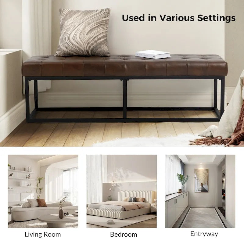 Banc de chambre à coucher classique capitonné en cuir véritable avec base en métal