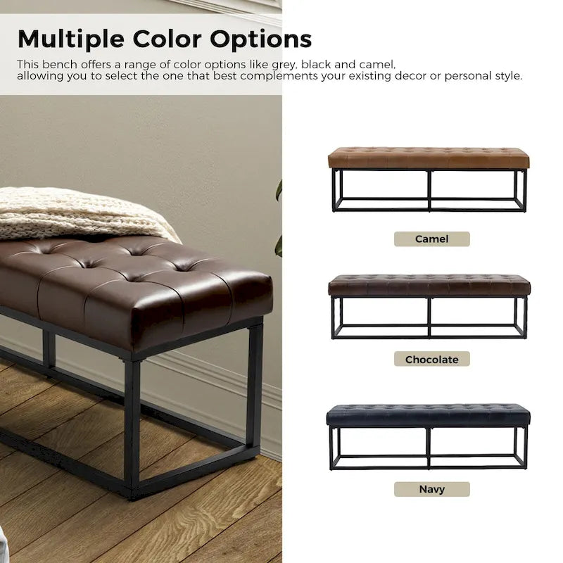 Banc de chambre à coucher classique capitonné en cuir véritable avec base en métal