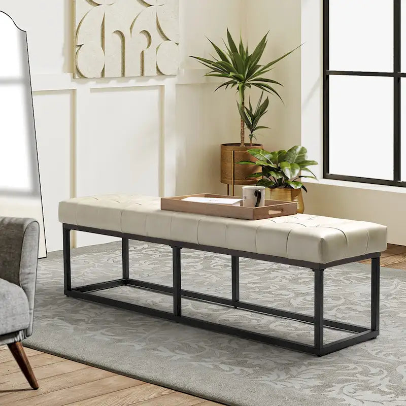 Banc de chambre à coucher classique capitonné en cuir véritable avec base en métal