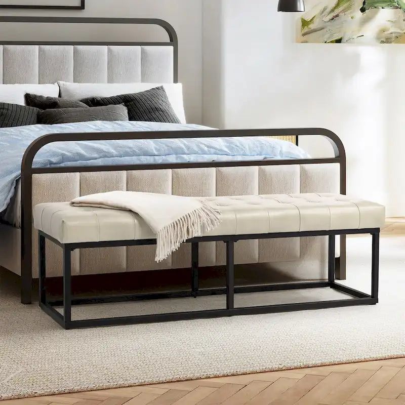 Banc de chambre à coucher classique capitonné en cuir véritable avec base en métal