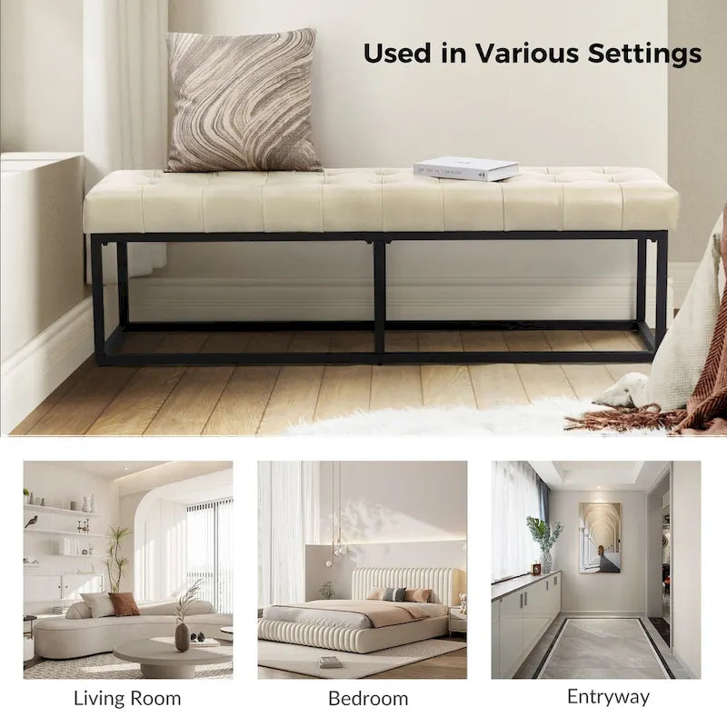 Banc de chambre à coucher classique capitonné en cuir véritable avec base en métal
