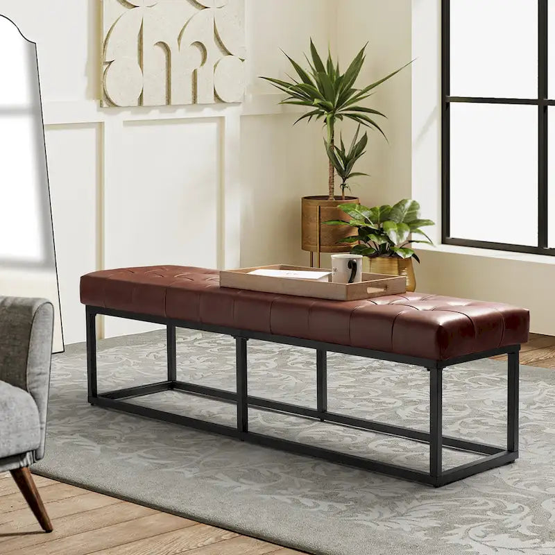 Banc de chambre à coucher classique capitonné en cuir véritable avec base en métal