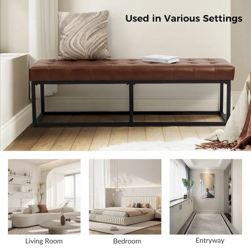 Banc de chambre à coucher classique capitonné en cuir véritable avec base en métal