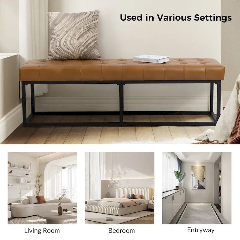 Banc de chambre à coucher classique capitonné en cuir véritable avec base en métal