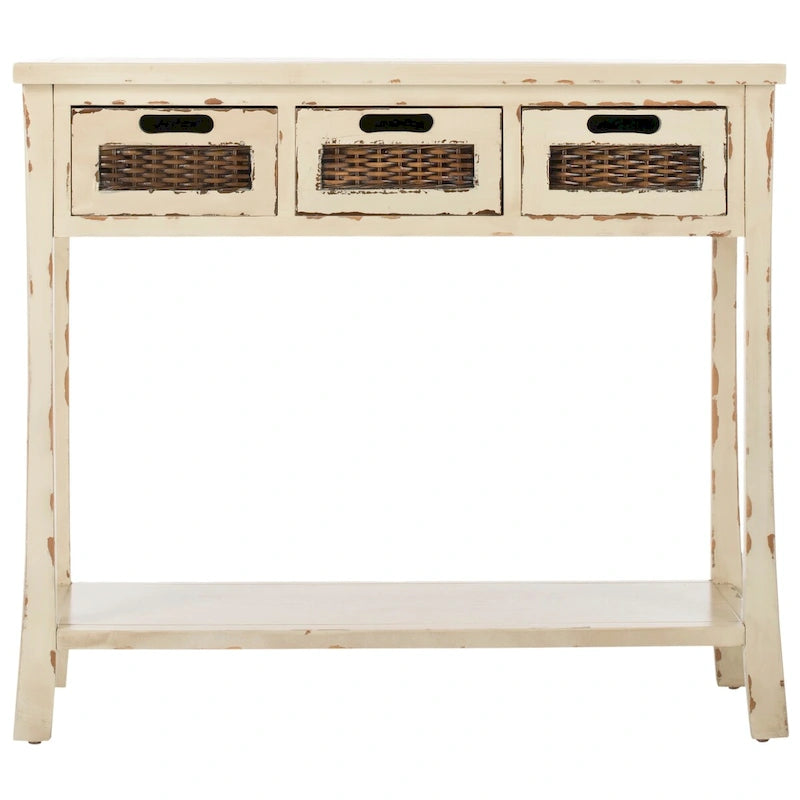 Console 3 tiroirs d'aspect vieilli avec façades en osier
