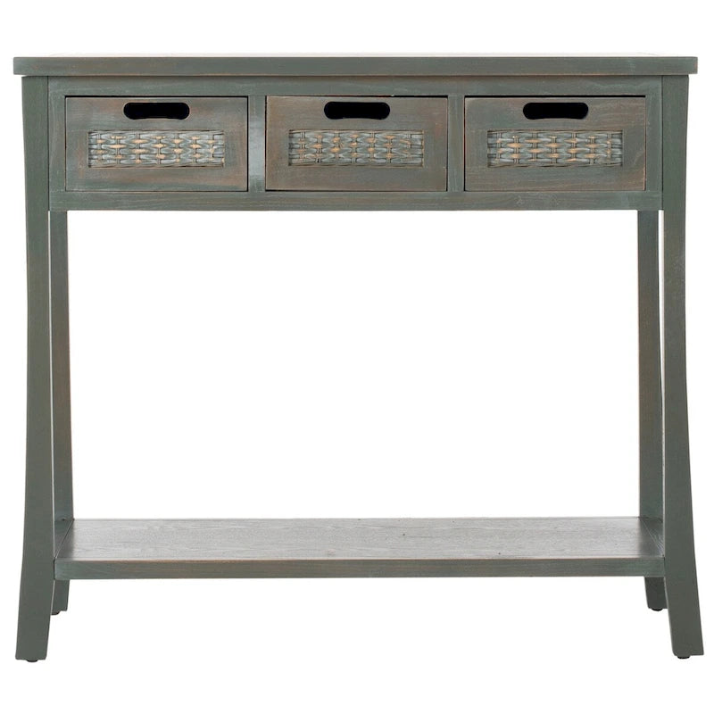 Console 3 tiroirs d'aspect vieilli avec façades en osier