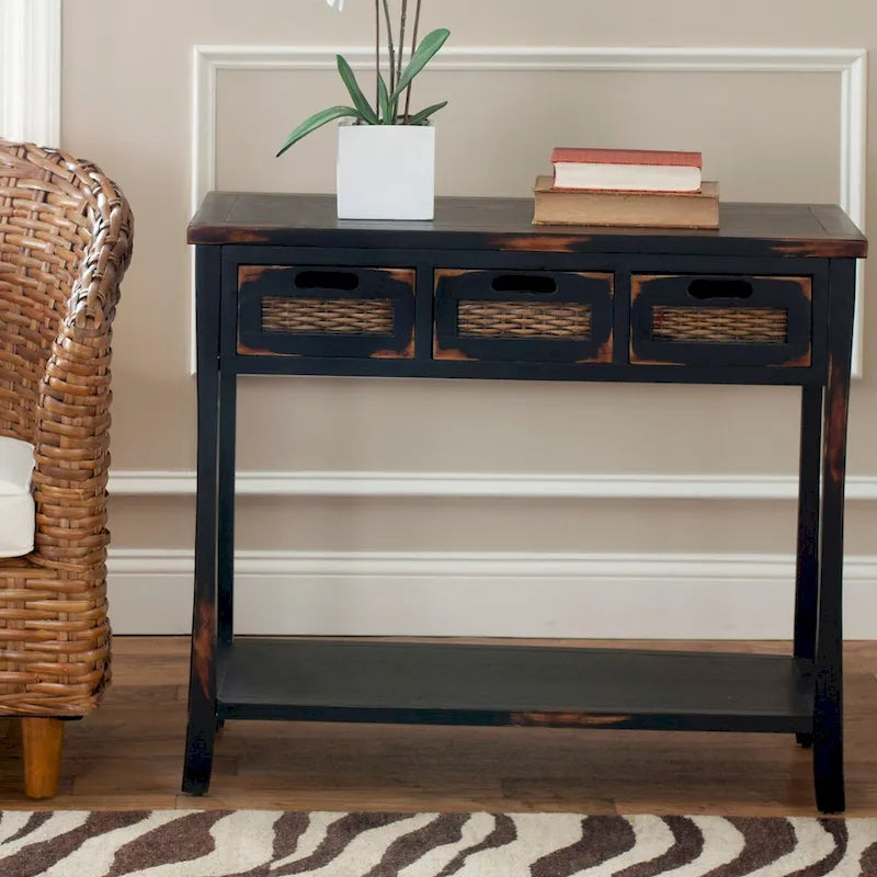 SAFAVIEH Lanie Distressed 3-Drawer Black Console Table - 34 x 14 x 30 - 34Wx14Dx30H