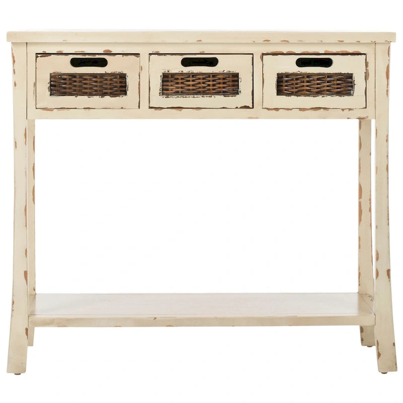 Console 3 tiroirs d'aspect vieilli avec façades en osier