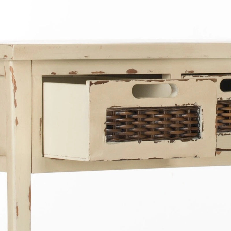 Console 3 tiroirs d'aspect vieilli avec façades en osier