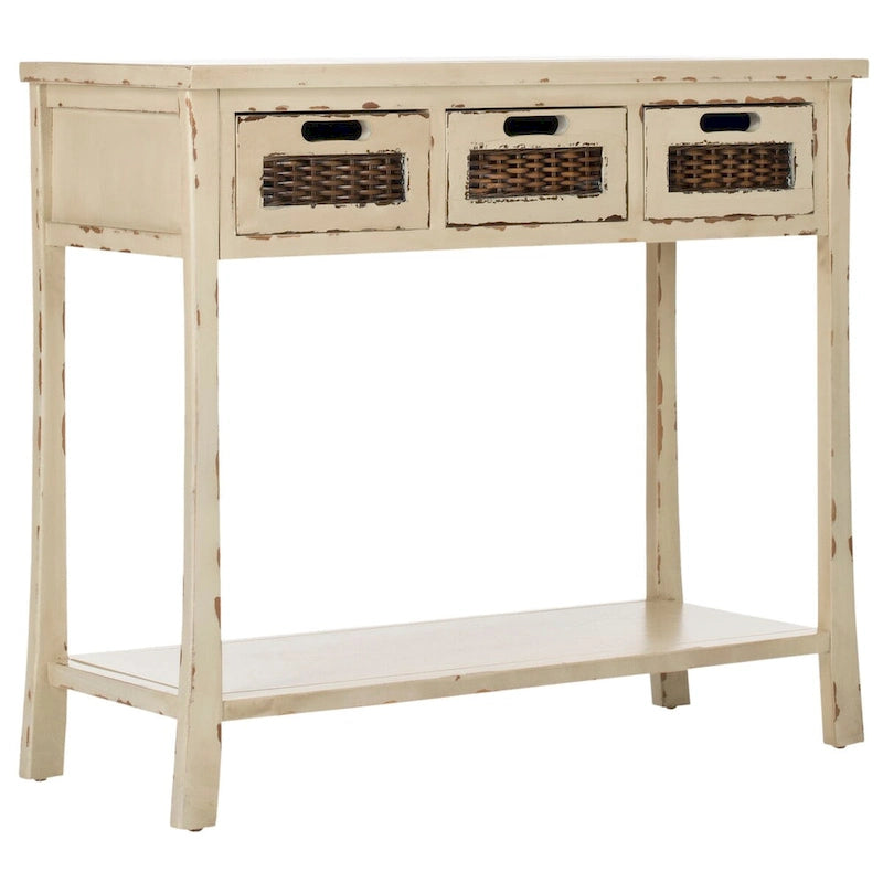 Console 3 tiroirs d'aspect vieilli avec façades en osier