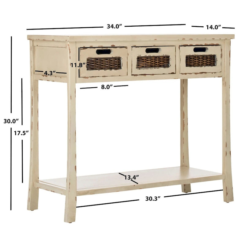 Console 3 tiroirs d'aspect vieilli avec façades en osier