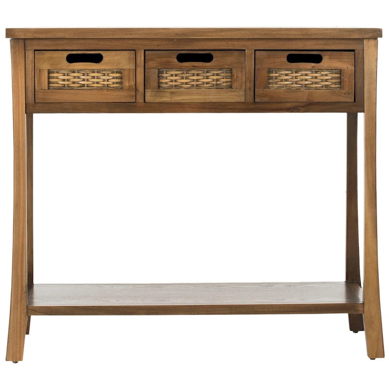 Console 3 tiroirs d'aspect vieilli avec façades en osier
