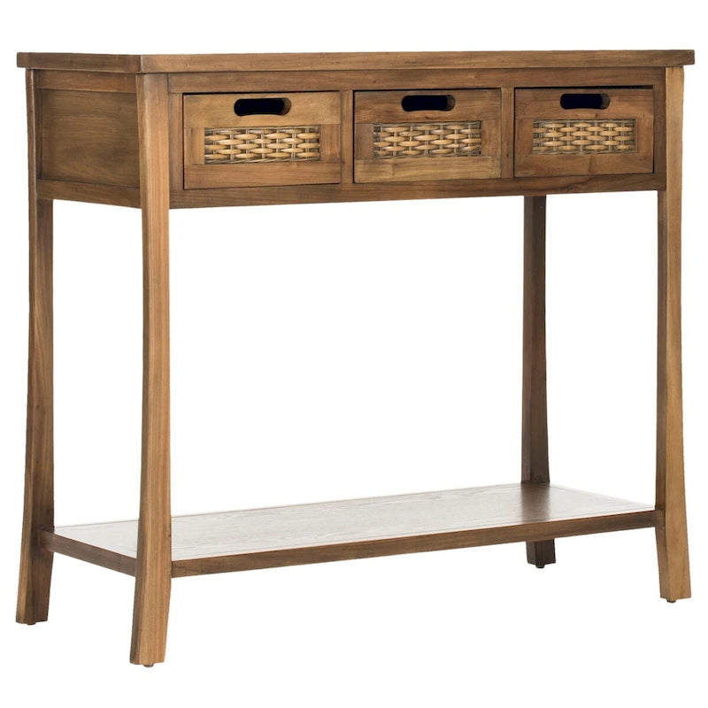 Console 3 tiroirs d'aspect vieilli avec façades en osier