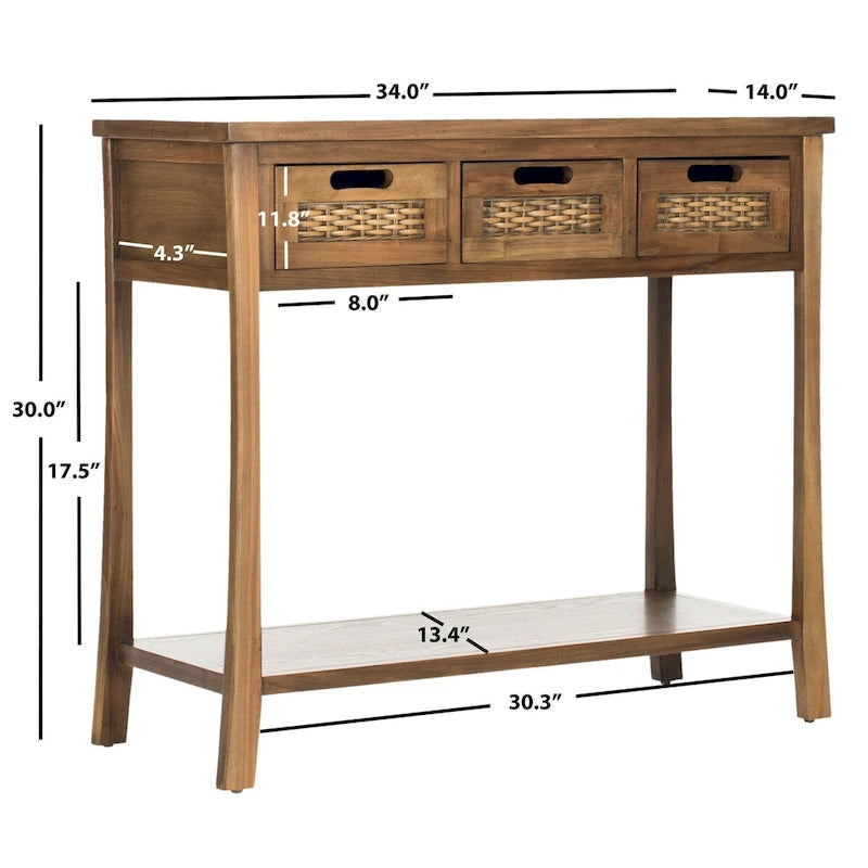 Console 3 tiroirs d'aspect vieilli avec façades en osier