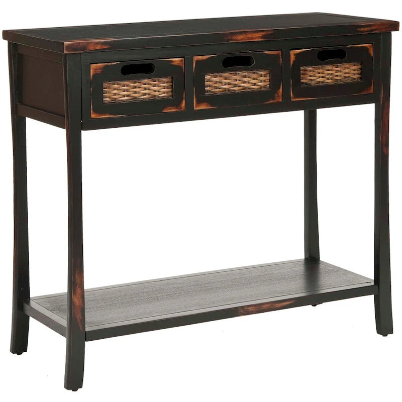 Console 3 tiroirs d'aspect vieilli avec façades en osier