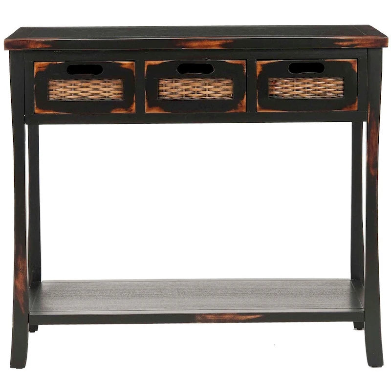 Console 3 tiroirs d'aspect vieilli avec façades en osier