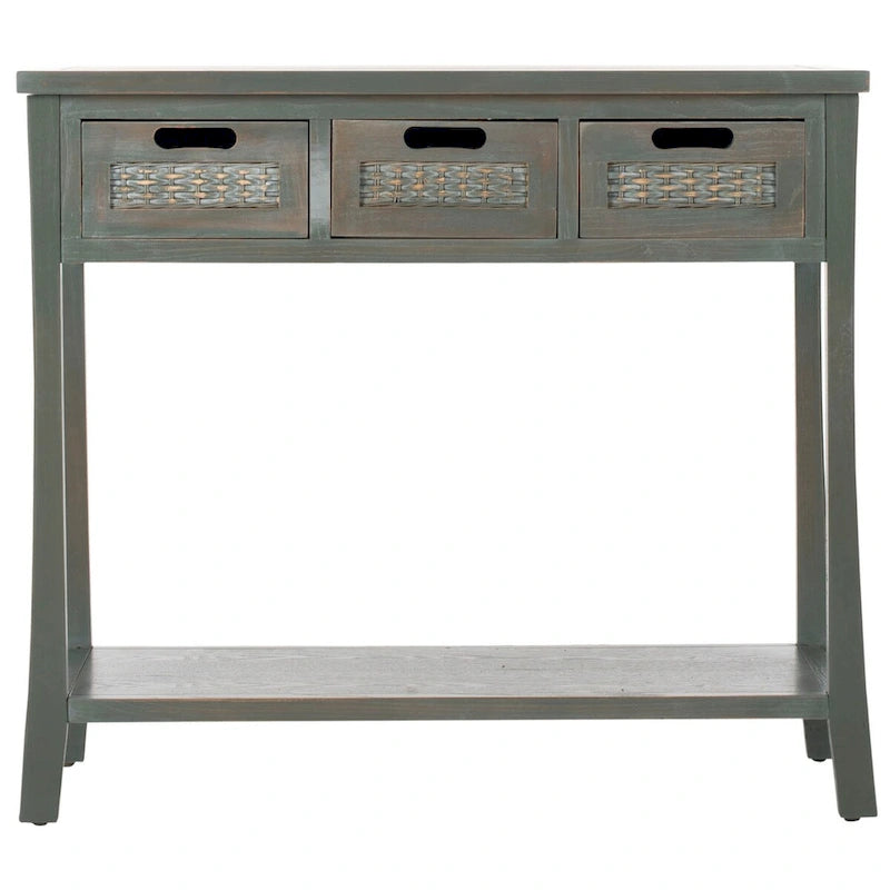 Console 3 tiroirs d'aspect vieilli avec façades en osier