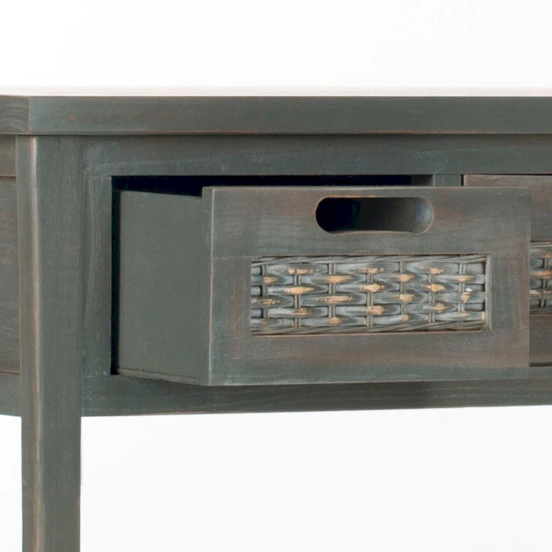 Console 3 tiroirs d'aspect vieilli avec façades en osier