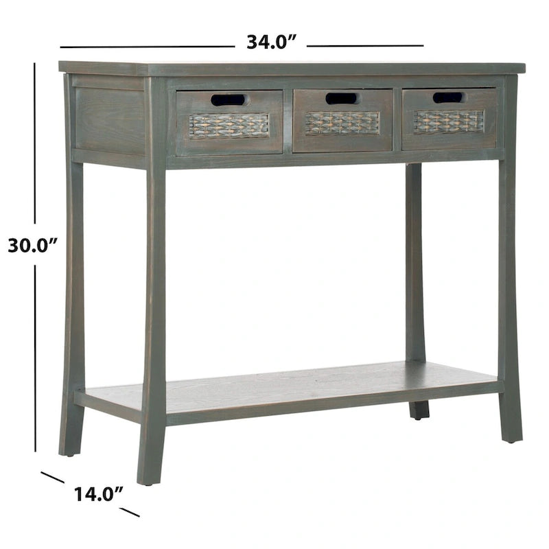 Console 3 tiroirs d'aspect vieilli avec façades en osier