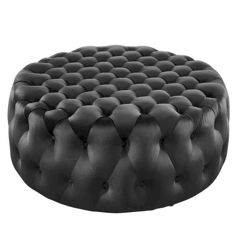 Grand pouf rond capitonné en velours performance