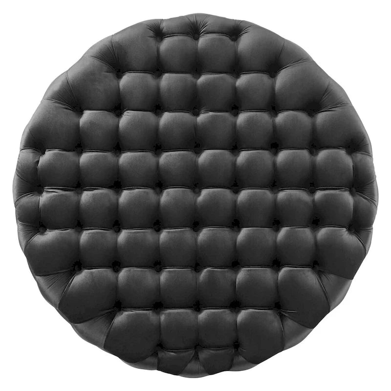 Grand pouf rond capitonné en velours performance
