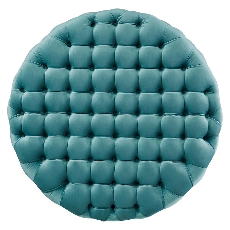 Grand pouf rond capitonné en velours performance