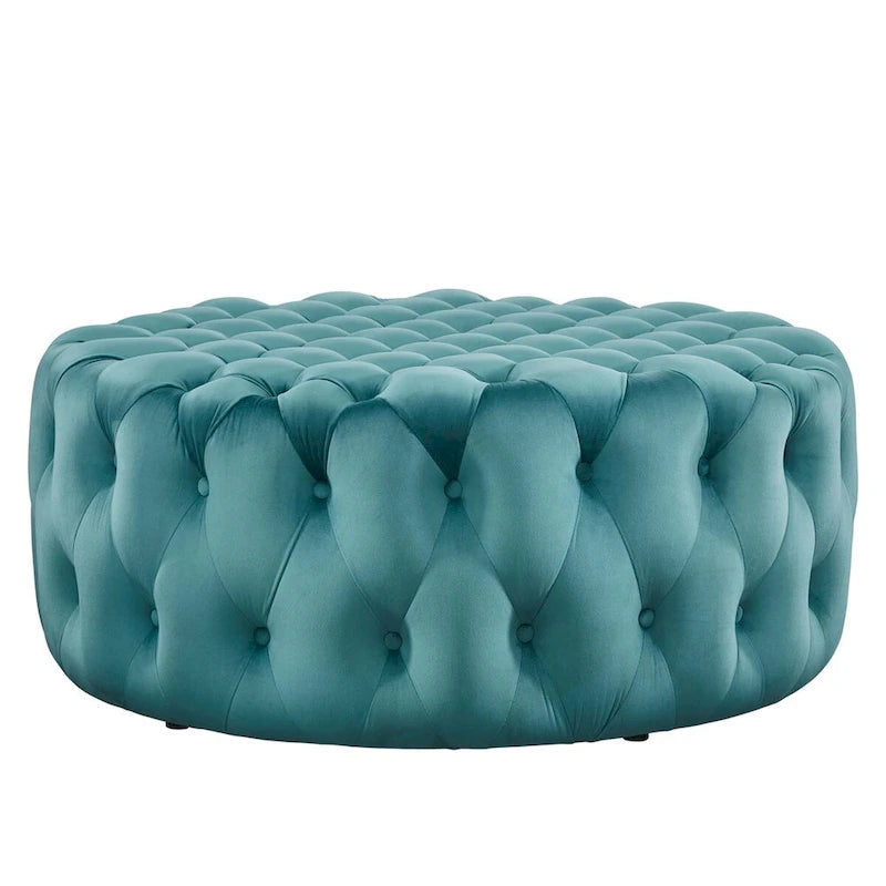 Grand pouf rond capitonné en velours performance