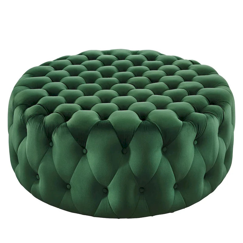 Grand pouf rond capitonné en velours performance