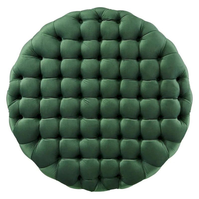 Grand pouf rond capitonné en velours performance