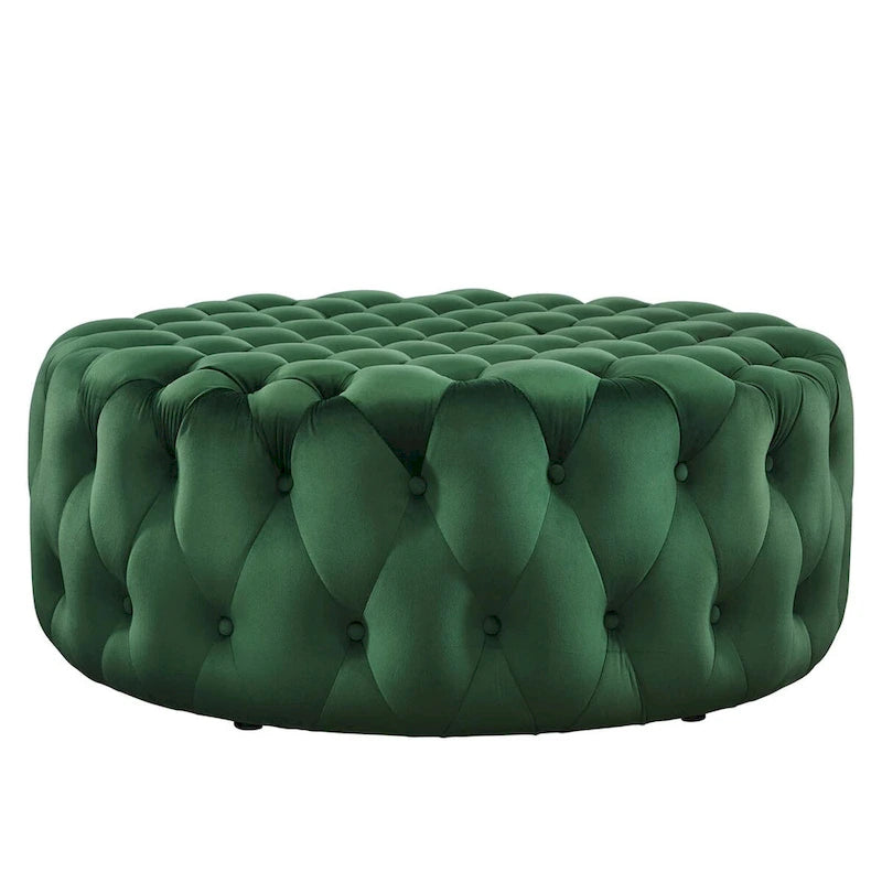 Grand pouf rond capitonné en velours performance
