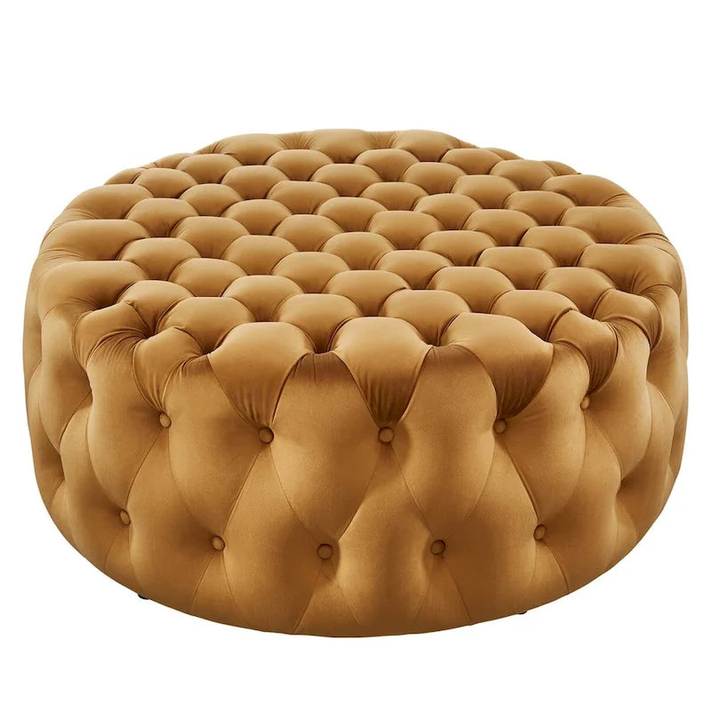 Grand pouf rond capitonné en velours performance