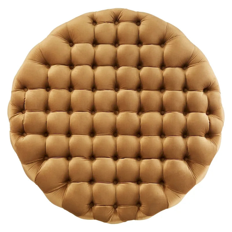 Grand pouf rond capitonné en velours performance