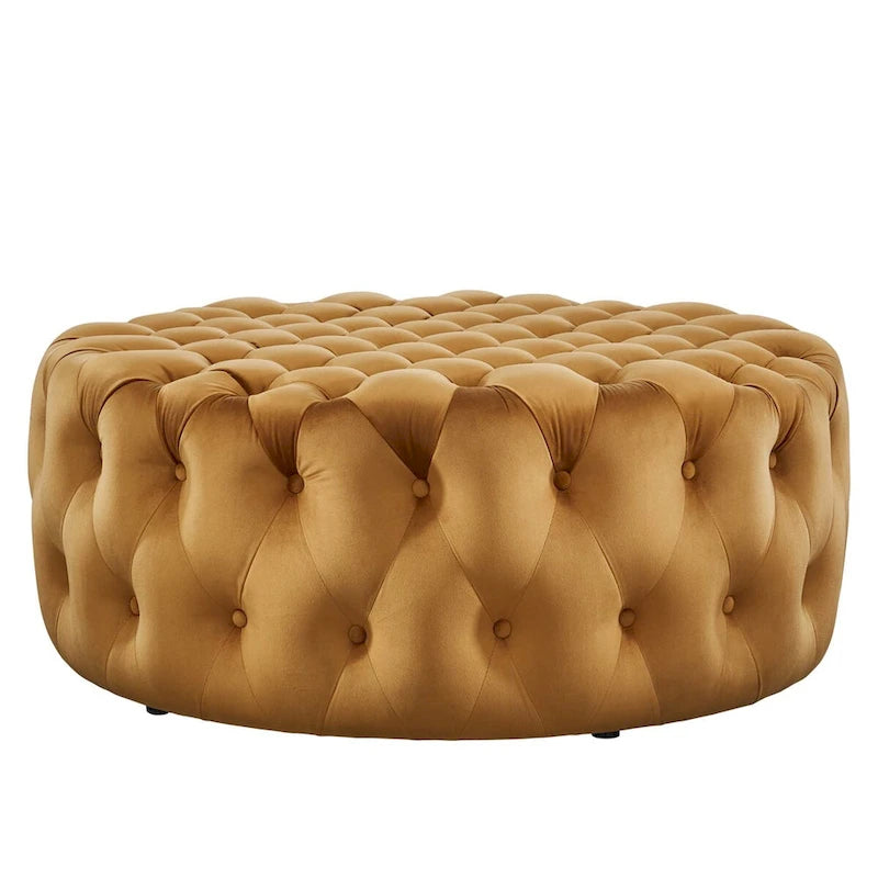 Grand pouf rond capitonné en velours performance