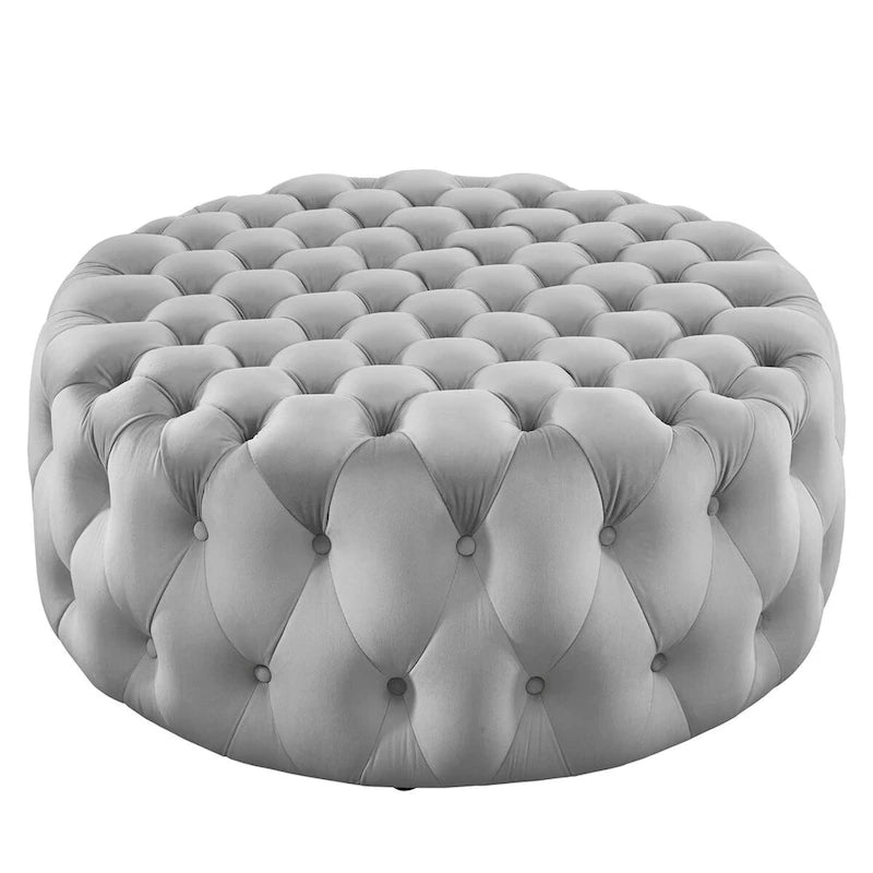 Grand pouf rond capitonné en velours performance