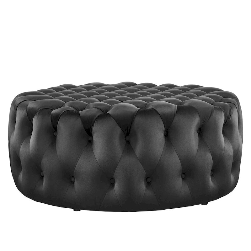 Grand pouf rond capitonné en velours performance