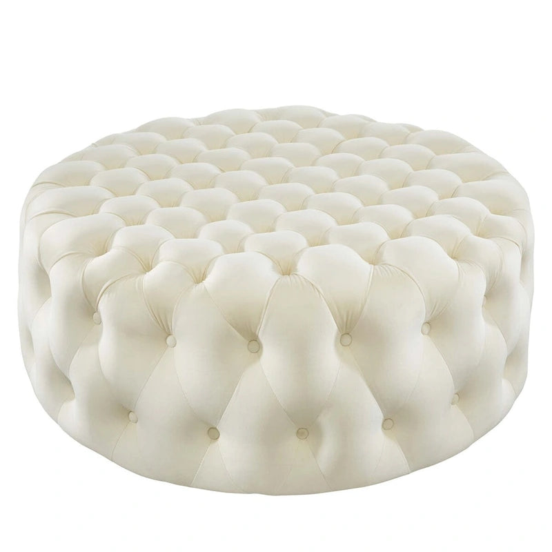Grand pouf rond capitonné en velours performance