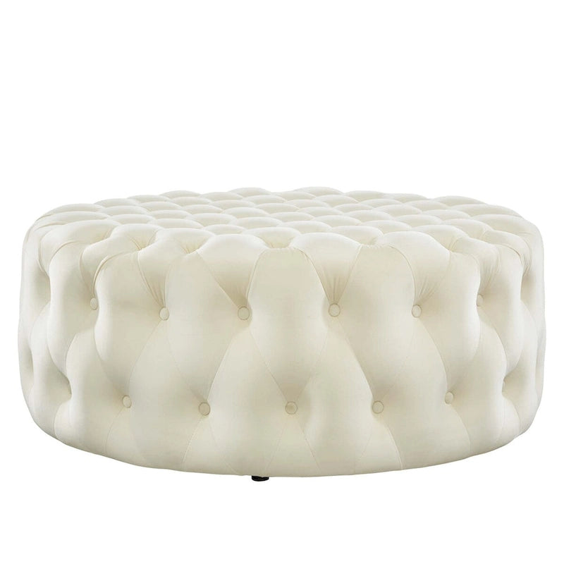 Grand pouf rond capitonné en velours performance