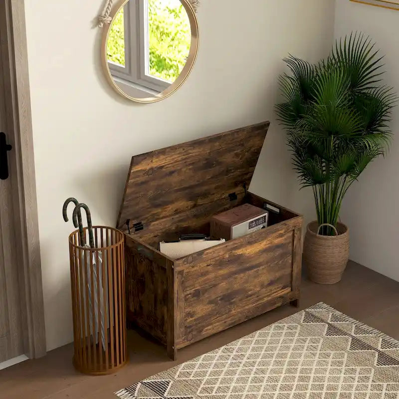 Coffre de rangement en bois avec charnières de sécurité et poignées découpées, coffre de rangement moderne